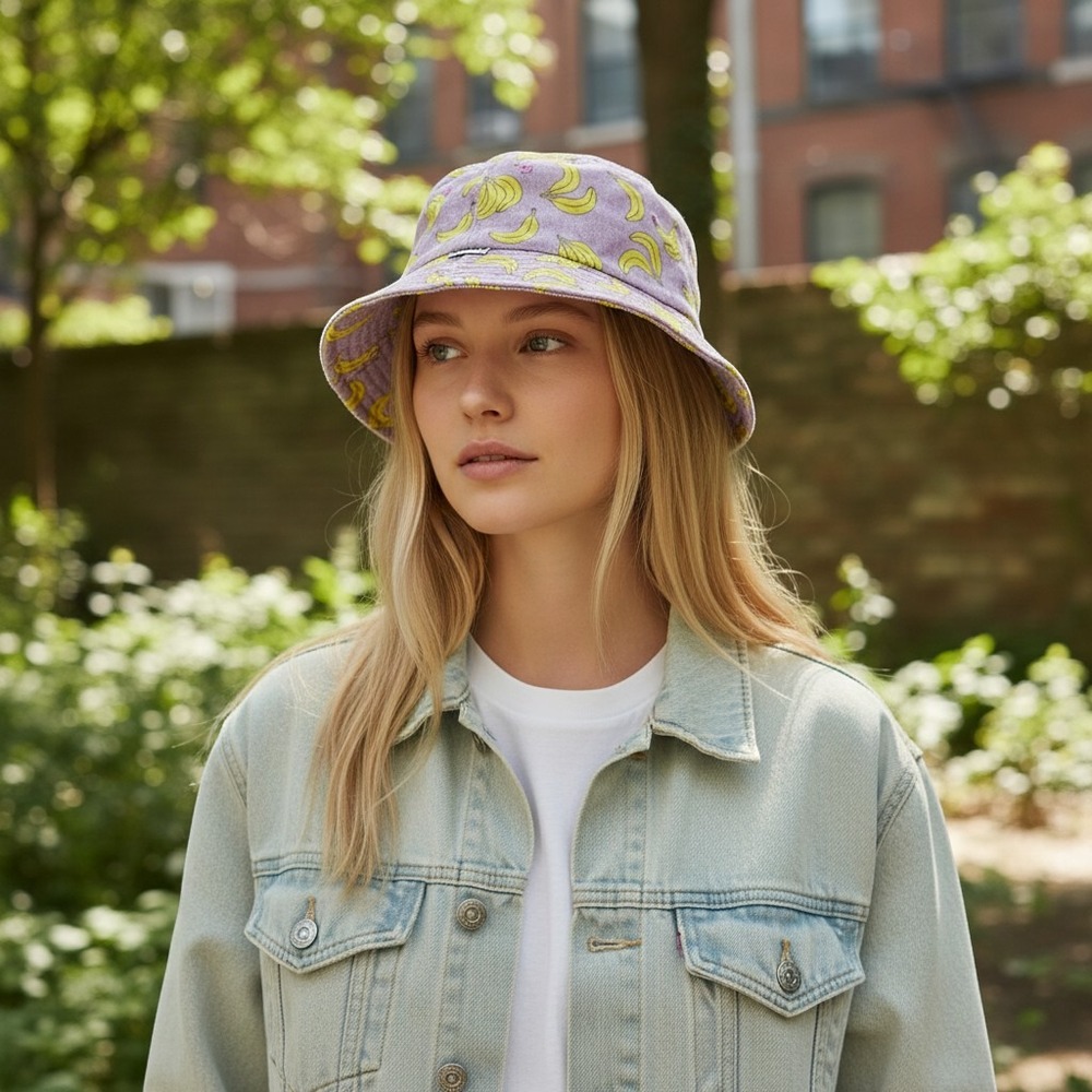 Empyre Banana Print Bucket Hat Purple Cotton Streetwear Festival Skater Indie